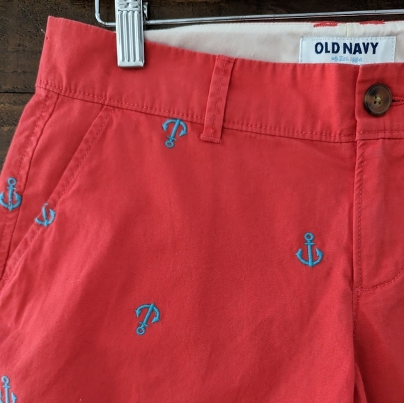 Old Navy Nautical Chino Shorts 2 Coral Blue Embroidered Coastal Anchors Short - Picture 3 of 10
